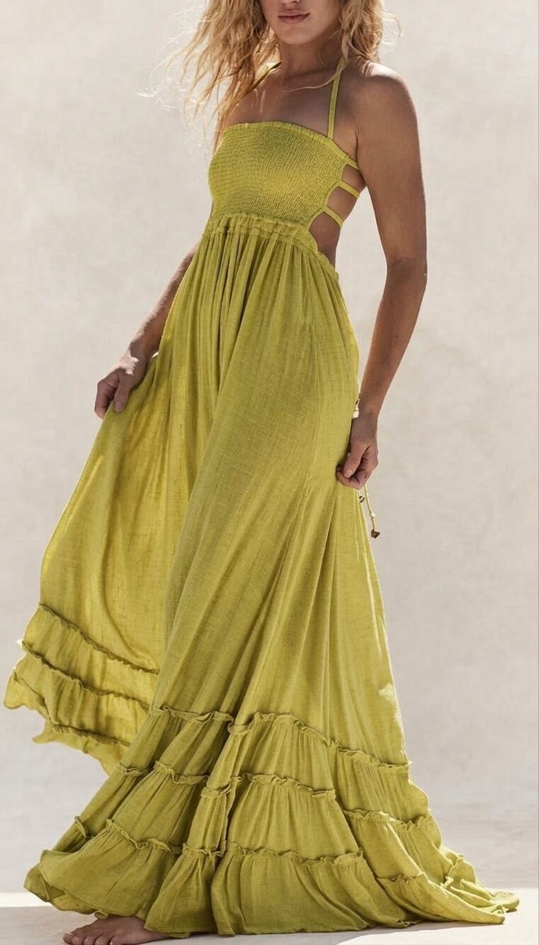 Free People Olive Green Halter Maxi Dress Womens XS TP Backless Boho Tiered